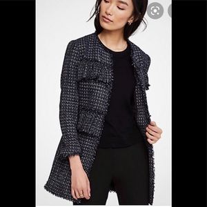 Ann Taylor Navy Blue Ruffle Tweed Long Jacket
